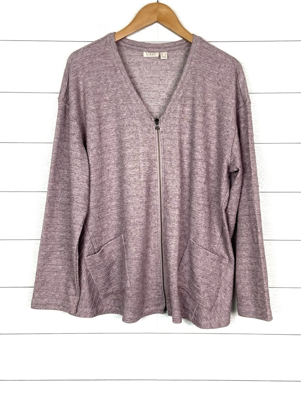 LOGO by Lori Goldstein Textured Stripe Sweater Knit Cardigan Large Light Purple